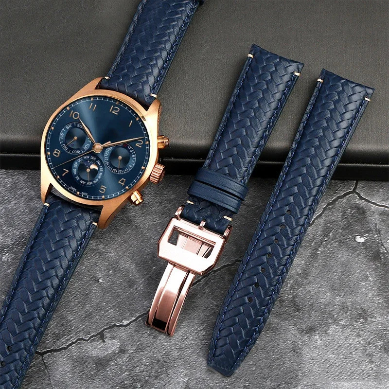 สายนาฬิกาทอหนังวัวคุณภาพสูงสําหรับ IWC IW344205 Portugieser Pilot Watches Portofino Blue Soft Leathe
