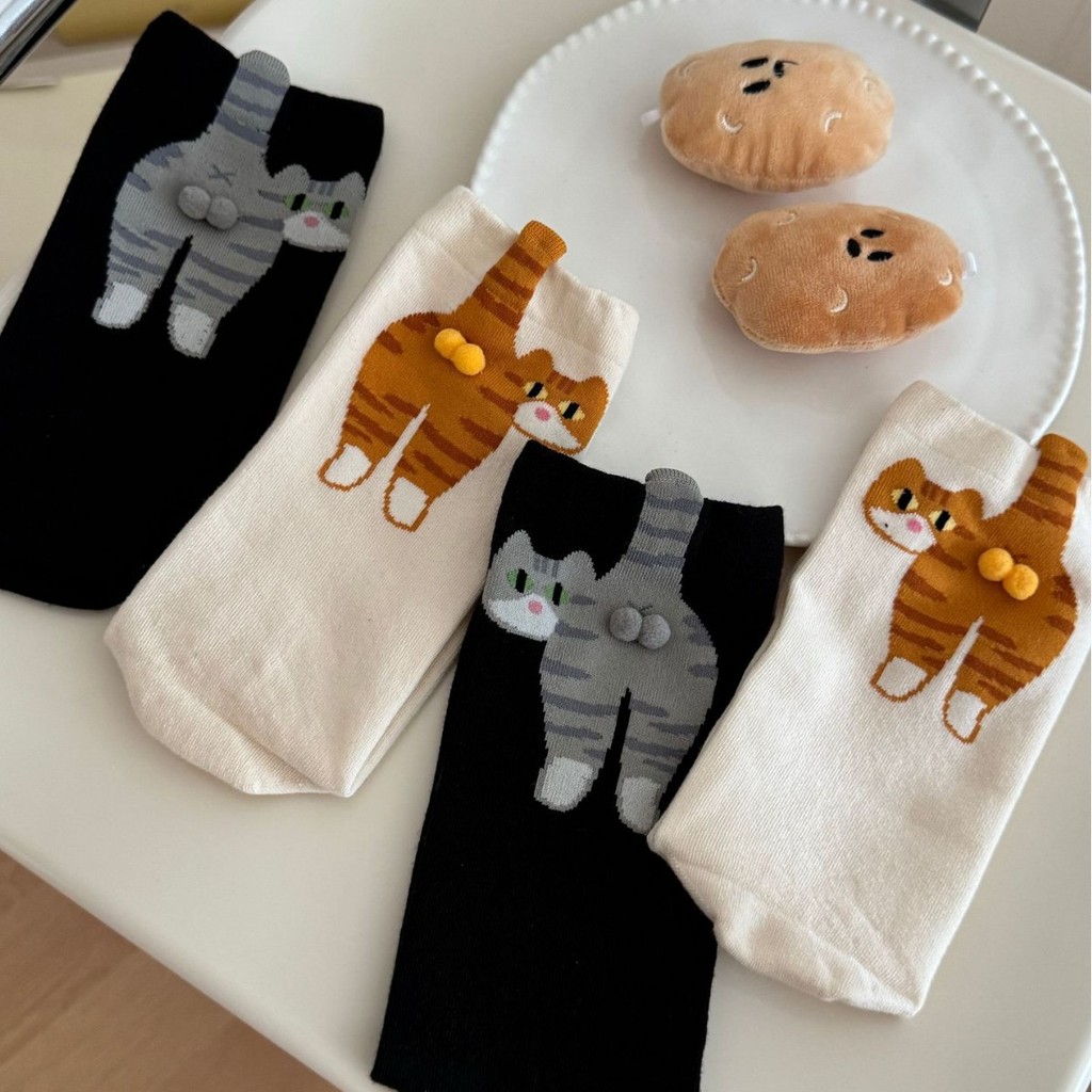 夏季袜子女中筒棉质可爱搞怪卡通猫咪叮叮当蛋蛋黑白色原创Summer Socks Women's Cotton Cute Funny Cartoon20260106