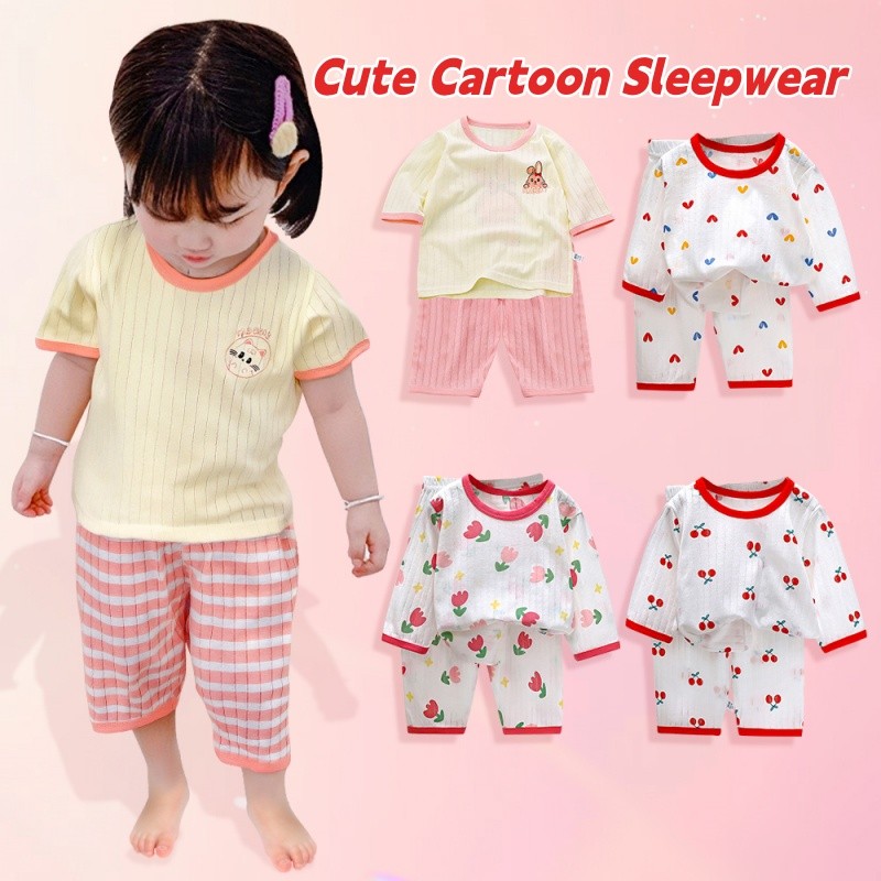 LocalBaby Girls Cartoon Pattern Pajama Terno ชุดผ้าฝ้ายนุ่มบางชุดชุดนอน