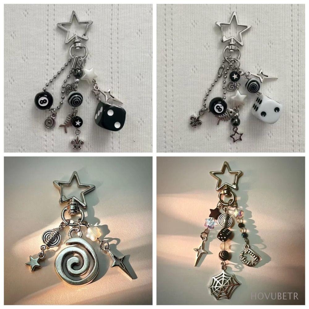 HOVUBETR Rockstar พวงกุญแจ,สีดําและสีขาว Lucky Black 8 Spider Web พวงกุญแจ, โทรศัพท์ Charm Star รูปลูกปัดพวงกุญแจ Y2k จี้เครื่องประดับของขวัญ