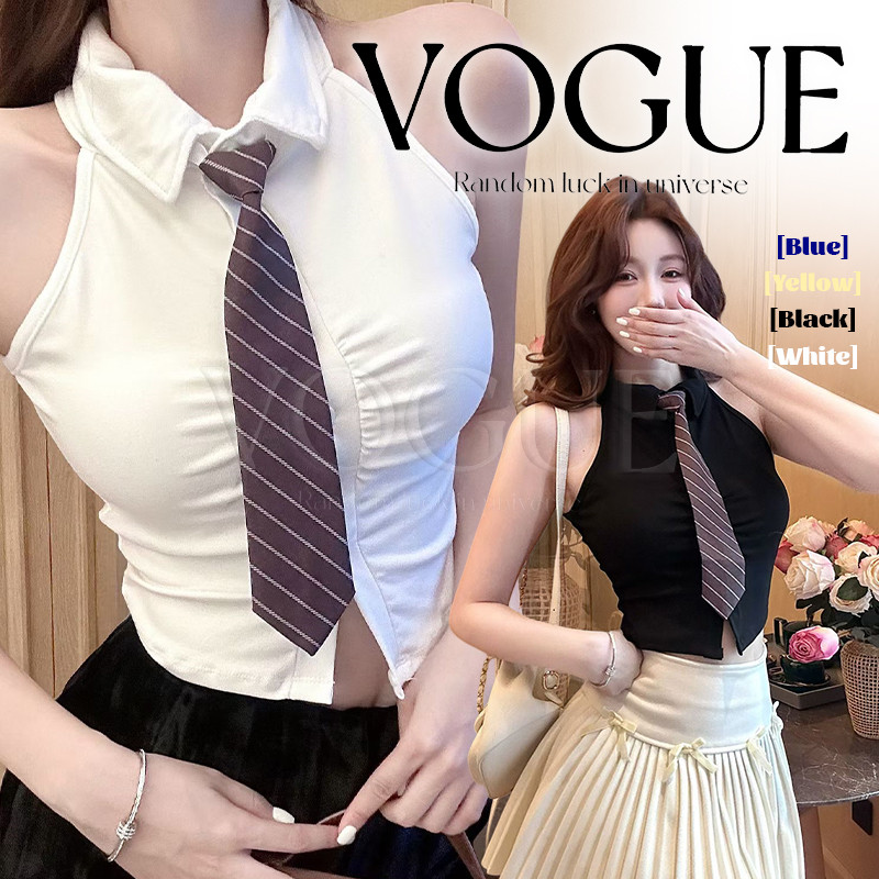 Vogue🌟พร้อมส่ง🌟 เสื้อกล้ามครอปสั้น แต่งเพิ่มเนคไท เสริมฟองน้ำ สีพื้นสไตล์สาวจีน  (FY5605)