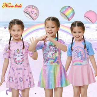 ชุดว่ายน้ำเด็กผู้หญิง ชุดว่ายน้ำเด็ก + หมวกว่ายน้ำ ลวดลายการ…