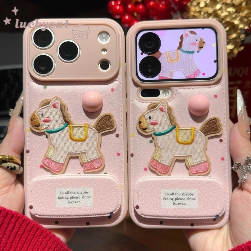 3D DIY จุดสีชมพูม้าหนังเคสโทรศัพท์ + กระจกหนังสําหรับ iPhone 17 16 15 14 13 12 11 Pro Max X Xr Xs Max 7 8 Plus SE2020