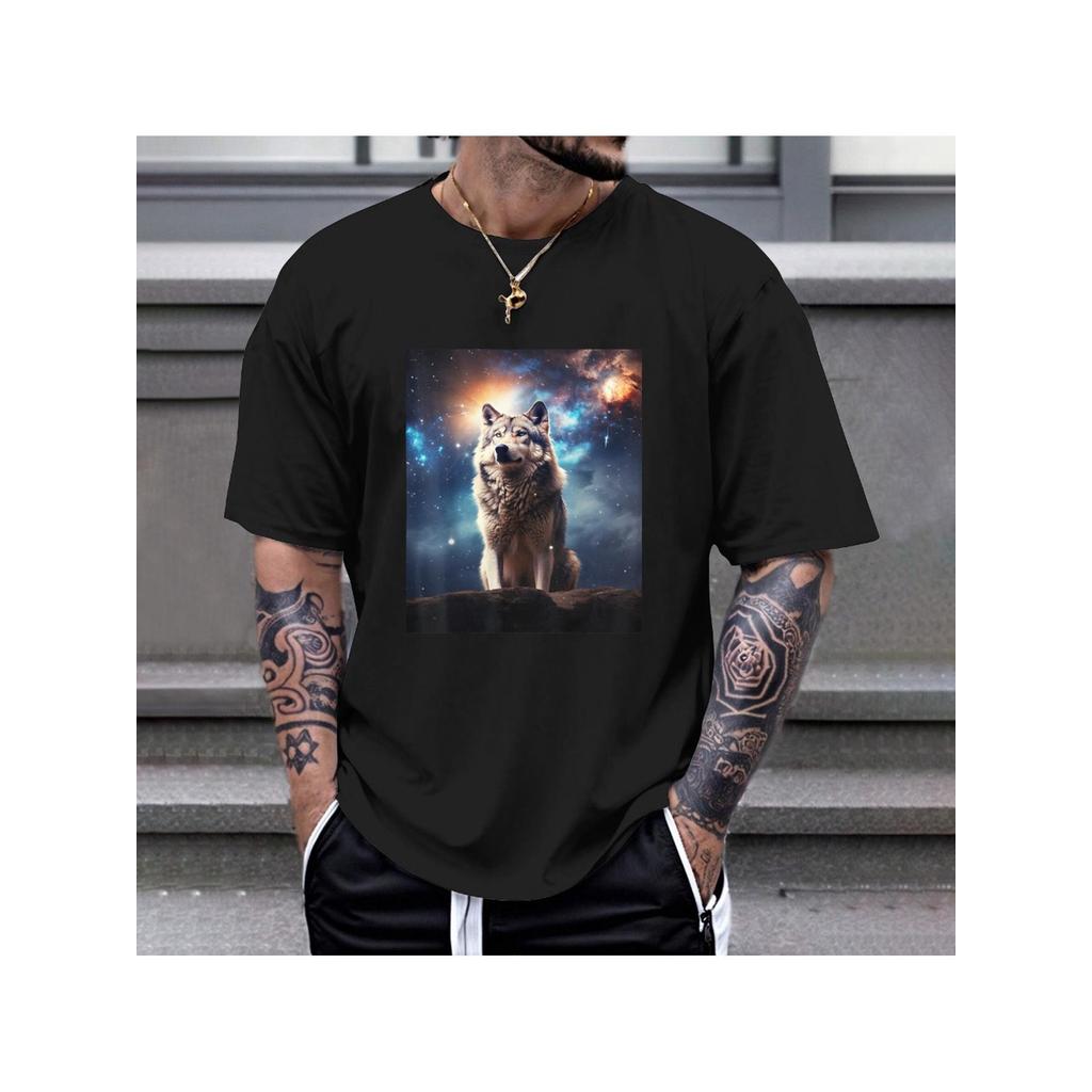 Heavyweight 180gsm Nourse Mythology Wolf & Odin Rune เสื้อยืด - Viking-Inspired White Wolf & Cosmic 