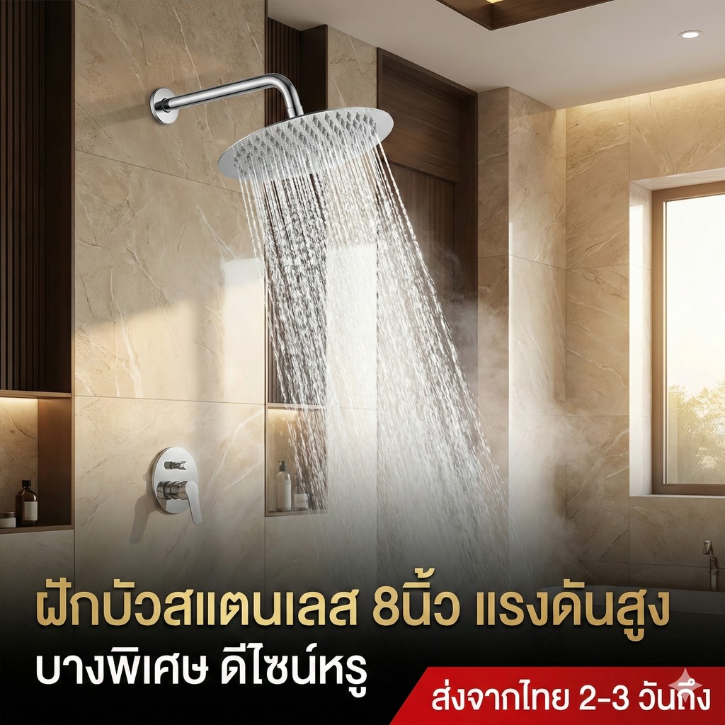 ฝักบัว rain shower อาบน้ำ 8นิ้ว เหล็กกล้าไร้สนิม Ultra หัวฝักบัว ไม่มีก้าน