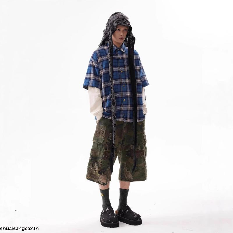 กางเกงยีนส์ขาสั้นผู้ชาย camo destroyed jorts