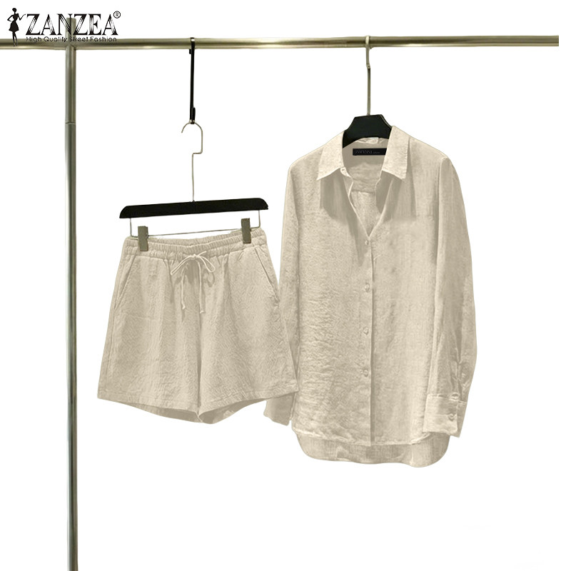 ZANZEA ผู้หญิงเกาหลีสํานักงานชุดลําลอง Turn-Down-Collar แขนยาวปุ่ม Up Lace-Up ขากว้าง 2 ชิ้นชุด