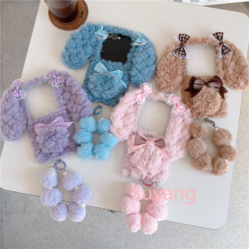 น่ารัก Bowknot กระต่ายนุ่มหู Plush เคสโทรศัพท์สําหรับ Samsung Galaxy Z Flip 7 FE 6 5 4 3 ป้องกันปกหลังสายคล้อง Hairball Chain