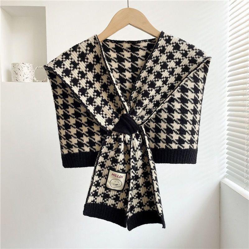 ผ้าพันคอกำมะหยี่ สไตล์เกาหลี Houndstooth สำหรับฤดูหนาว