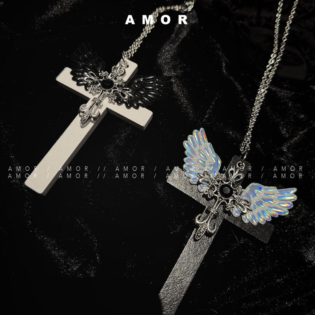 Y2K Dark Gothic Cross & Wing Necklace - สร้อยคอมัธยมแบบโกธิก สำหรับ E-girls และใช้ได้ในหลากหลายโอกาส