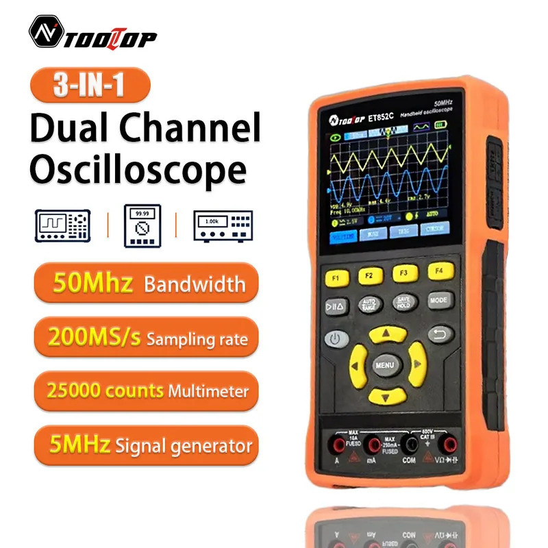 TOOLTOP ET852C 2CH 50MHz Handheld Digital Oscilloscope 25000 นับ True RMS มัลติมิเตอร์สัญญาณเครื่องก