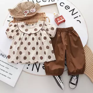 MooDeng Baby ชุดเสื้อผ้าเด็กหญิงแขนสั้น ชุดเช็ตเสื้อ+กางเกง น่ารักๆสำหรับเด็กหญิง ผ้ายฝ้าย ใส่สะบาย