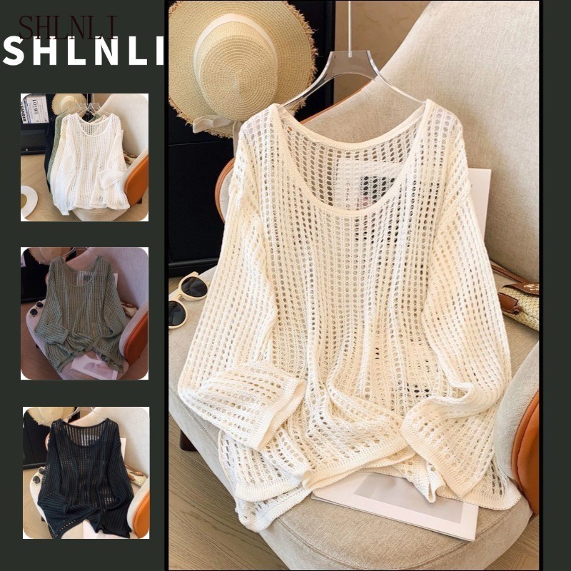 เสื้อกันหนาวถักหลวมรอบคอดизайน์แขนยาว สำหรับฤดูใบไม้ผลิและฤดูร้อน ป้องกันแสงแดด