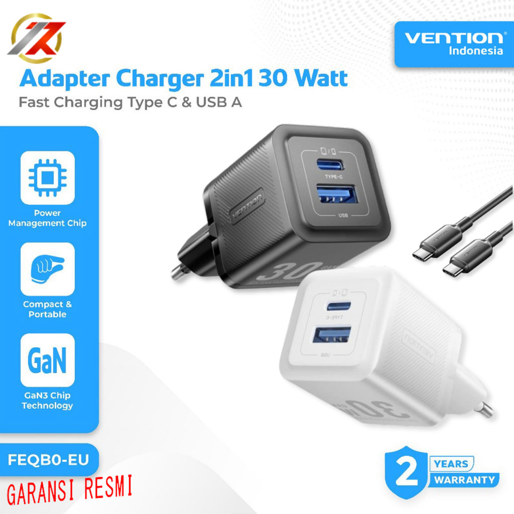VENTION TZ-FEQ-EU 01 Cas Hp Vention TZ-FEQ-EU Adapter Charger 2-Port USBC+GaN Charge (30W) พร้อมสาย 