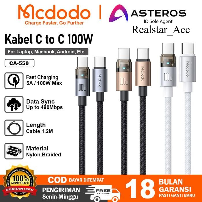 MCDODO PD Type C ถึง Type C ชาร์จเร็ว 100w LED โปร่งใสออกแบบสายชาร์จ CA-5585 - CA-5580 GREY 1.2M CA-