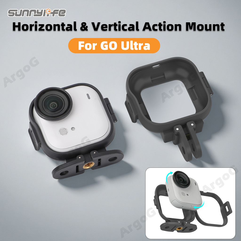 Sunnylife Action Mount Insta360 GO Ultra กรอบเฟรมกันกระแทก อะแดปเตอร์เมาท์ ปรับถ่ายแนวตั้ง/แนวนอน ขาตั้งพับได้ มีรูเกลียว 1/4 ในตัว ติดตั้งง่าย น้ำหนักเบา วัสดุแข็งแรง ป้องกันรอยขีดข่วน ปกป้องตัวกล้อง อุปกรณ์เสริม Insta360 GO Ultra