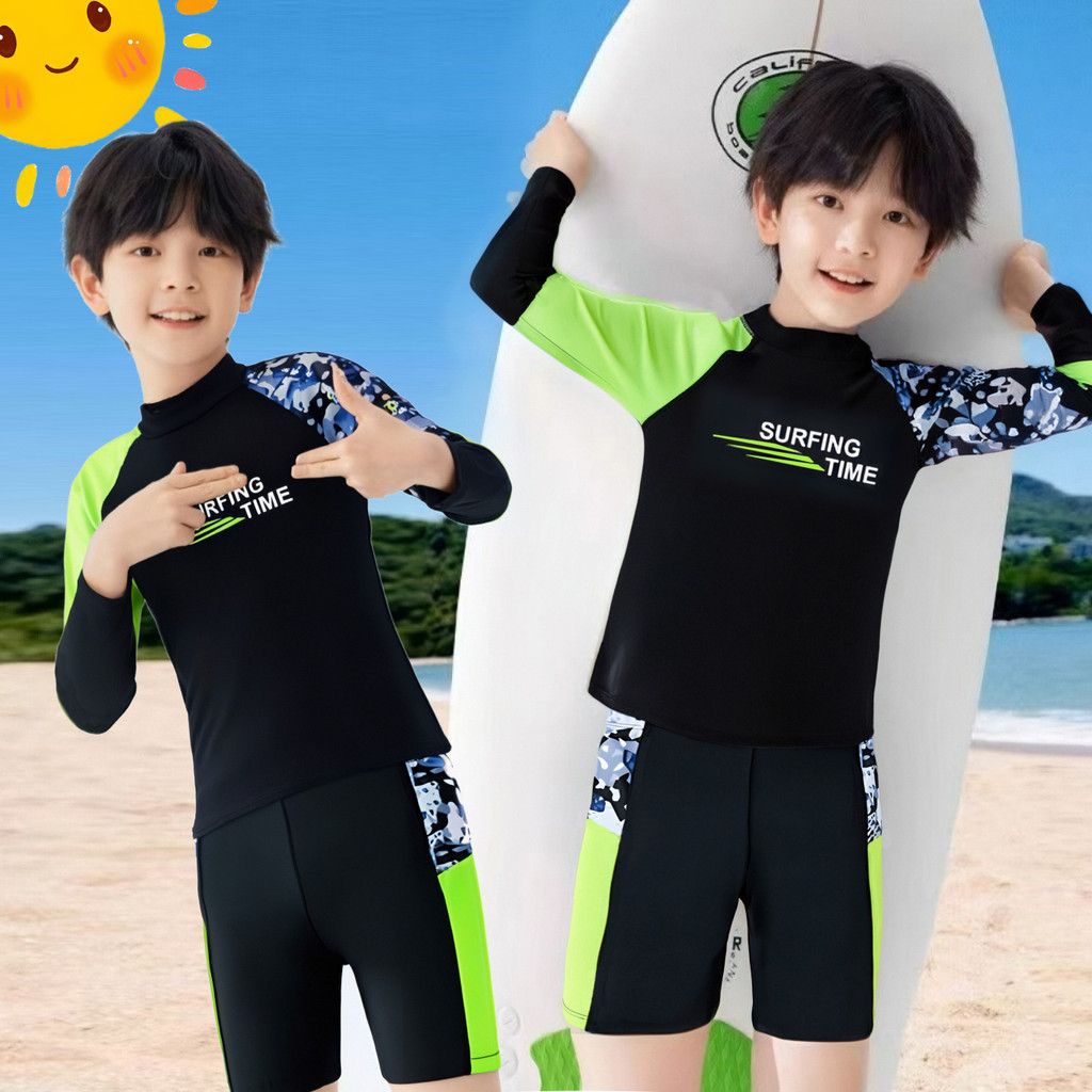 ชุดว่ายน้ำ Rashguard สำหรับเด็ก เด็กชายอายุ 7-12 ปี เสื้อแขนยาว ชุดขาสั้นและหมวก ชุดว่ายน้ำแห้งเร็ว