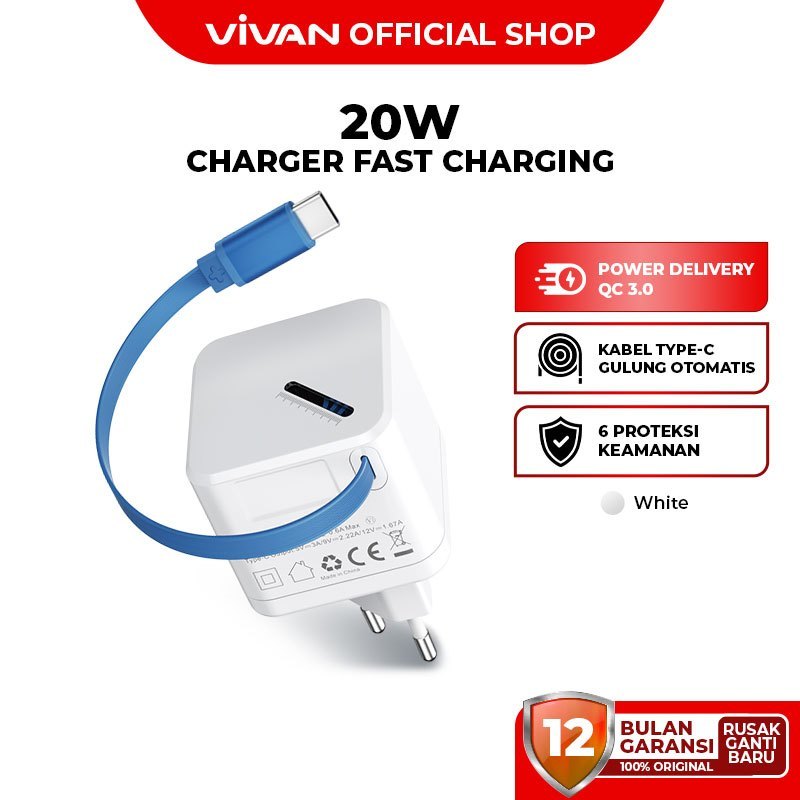 VIVAN Mini Charger Super 4S Integrated Cable Type C 70CM Fast Charging 20W 3A PD QC 3.0 Original