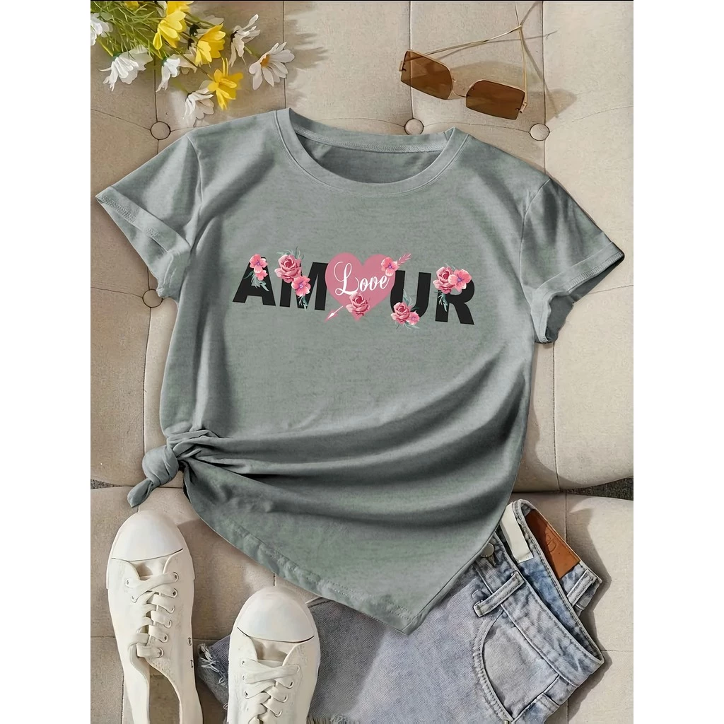 เสื้อยืดผู้หญิงคอวี AMOUR ลายหัวใจและดอกไม้สีชมพู thumbnail 9