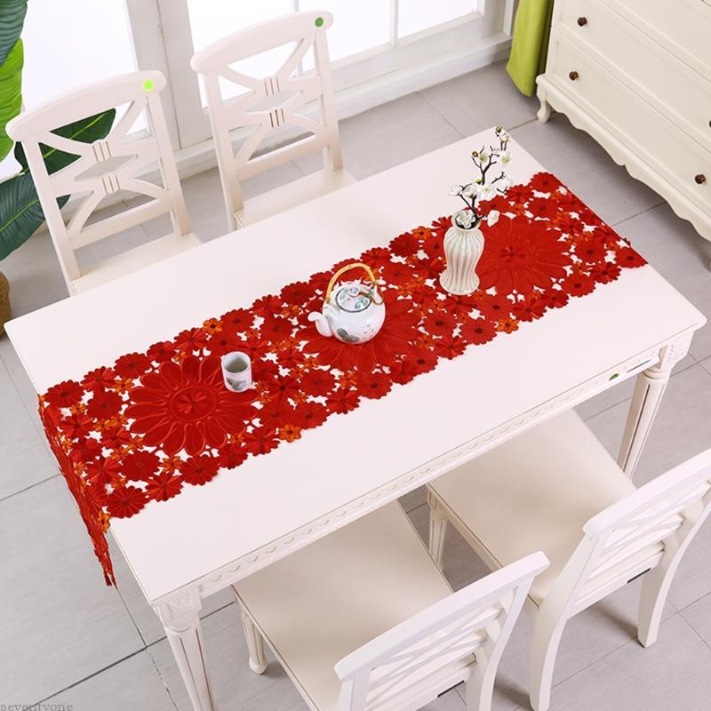 SV Christmas Flower Table Runner ปัก Poinsettia Holly Leaf Table Runner