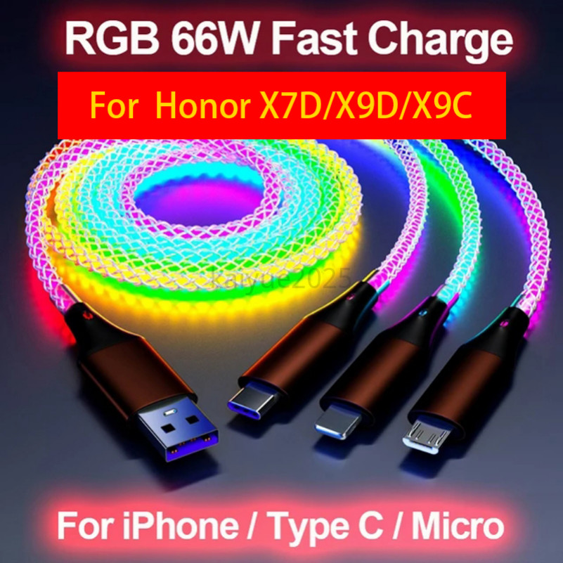 1.2M 6A 3 IN 1 66W ประเภท C Fast สายชาร์จ RGB USB Type C Micro Data สายไฟสําหรับ Honor X7D X9D X9C M