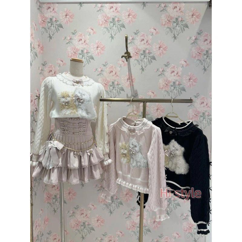 Jirai kei Lizlisa dupes ลูกไม้ Dearmylove Cat jacquard โบว์ถักเสื้อกันหนาวคอกลม