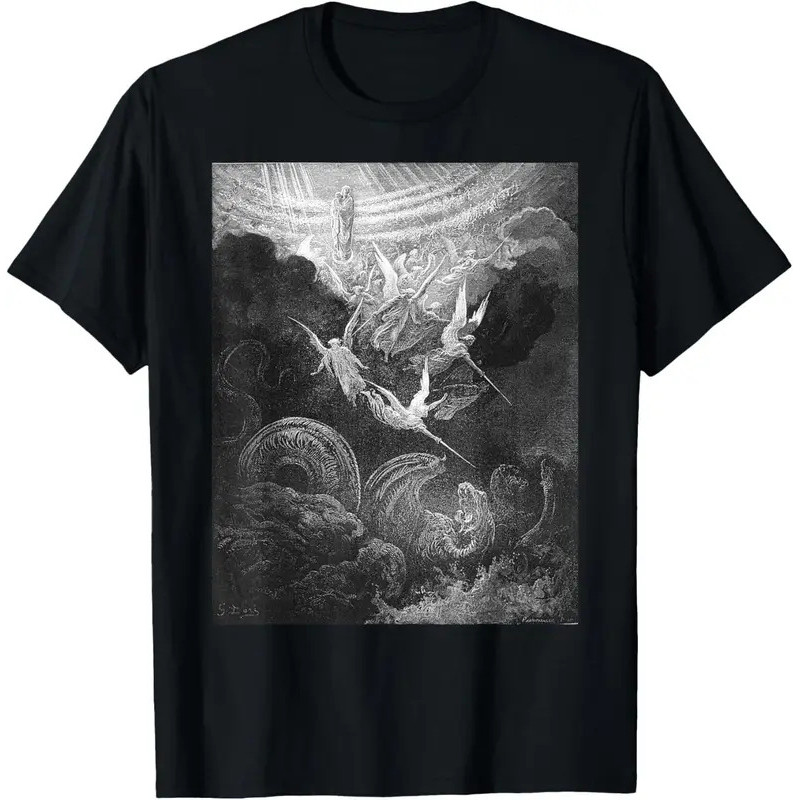 ฮู้ดดี้ Gustave Dore Archangel Michael และเทวดาต่อสู้กับมังกร เสื้อผ้าสตรีทเรโทรคุณภาพสูง คอกลมแขนสั