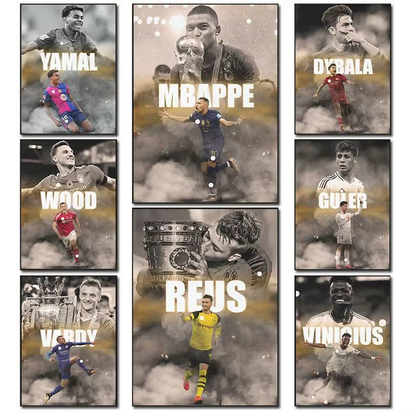 Soccer Superstars Canvas Wall Art - Mbappe, Yamal, Dybala & Reus Prints สําหรับห้องนอนและหอพักตกแต่ง