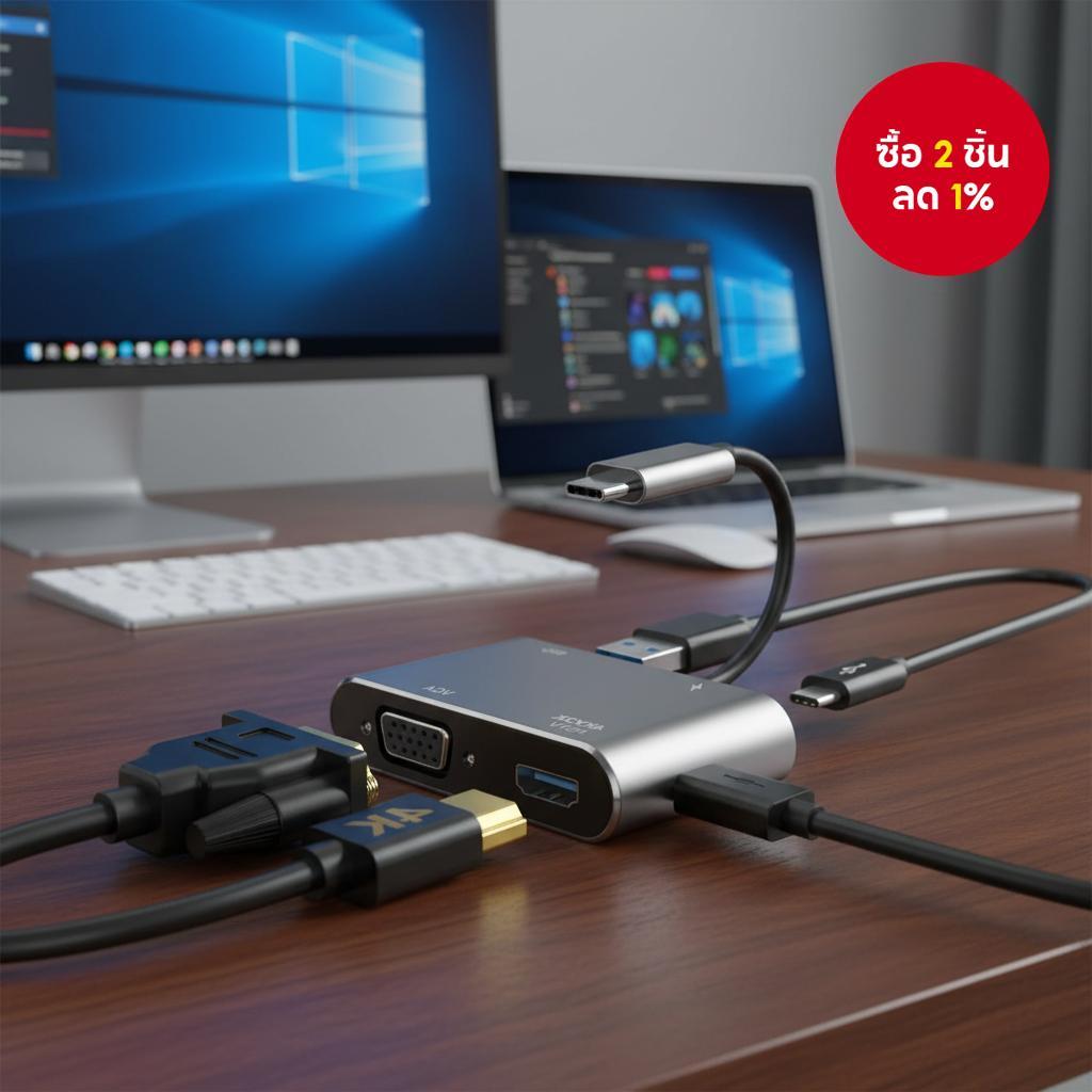 อะแดปเตอร์ฮับ 4-in-1 VGA to USB C สําหรับ HDTV Digital AV พร้อมรองรับการชาร์จ PD