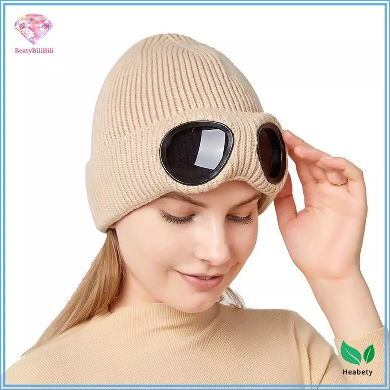 Heabety ถักหมวกแว่นตา Unisex สำหรับผู้ชายและผู้หญิง ทนลม อุ่น และไม่ลื่น สวมใส่สบายในฤดูหนาวหรือขณะเล่นสกี