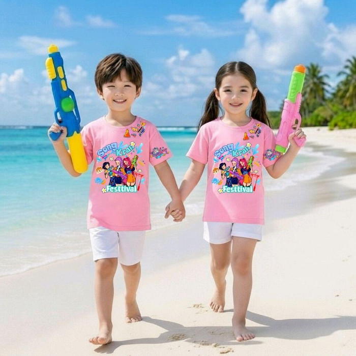 PINKเสื้อยืดแขนสั้นลายSongKran sodapop เด็กหญิงเด็กชายใส่ได้ ผ้าฝ้ายผสม