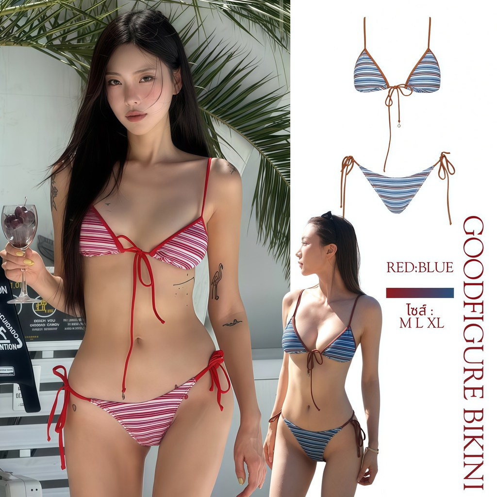 GOODFIGURE BIKINI ทูพีชเซ็กซี่ว่ายน้ำ ชุดว่ายน้ำลายทาง บิกินี่สายเดี่ยว 🌈 มีไซส์ M-XL | น้ำหนัก 40-65 กก. Y752