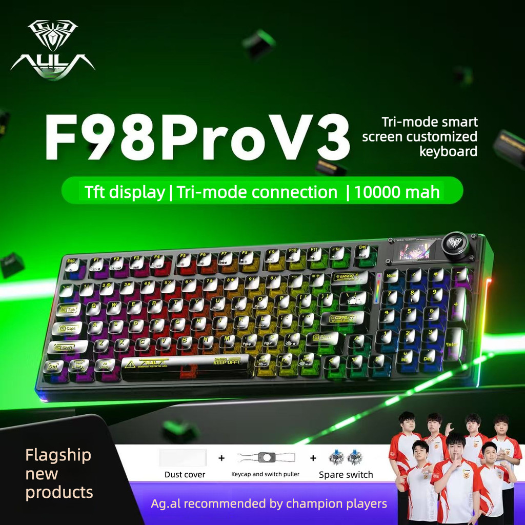 AULA F98proV3 คีย์บอร์ดโปร่งใสจอแสดงผลดิจิตอลสมาร์ทไร้สาย Tri-โหมดการปรับแต่ง 10000 mAh Hot-swap RGB E-sports เกม