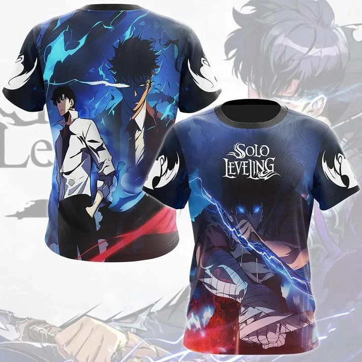 เสื้อยืด Solo Leveling 3D พิมพ์ลาย Sung Jin-Woo สไตล์Anime เหมาะสำหรับทั้งผู้ชายและผู้หญิง แขนสั้น แ
