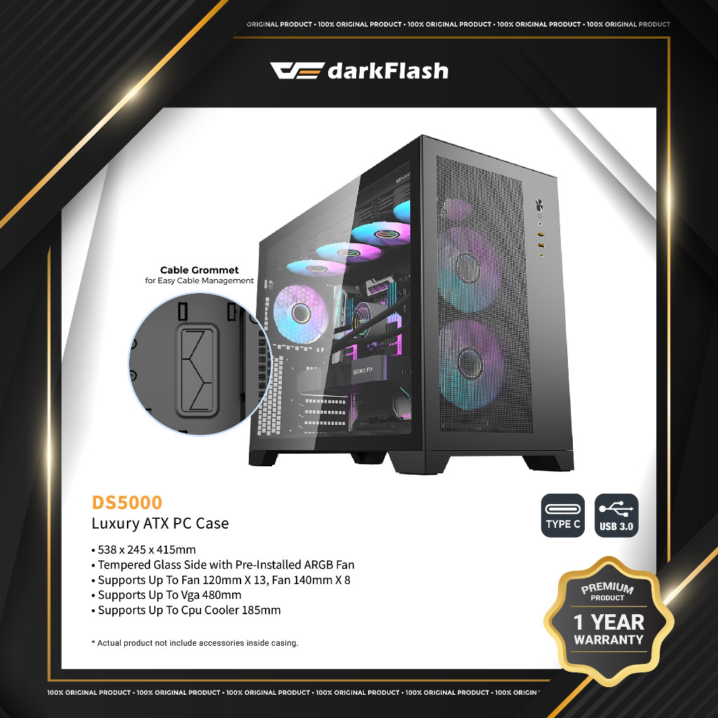 DarkFlash DS5000 Luxury ATX Casing พร้อมพัดลม aRGB ที่ติดตั้งล่วงหน้า - สีดํา