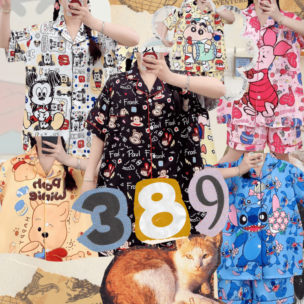 389 Mmeimei ชุดนอนผู้หญิง ทรงโอเวอร์ไซส์อก 45 ผ้าไหมอิตาลี ลายการ์ตูนสุดน่ารัก ผ้าทิ้งตัว ใส่สบาย (ส