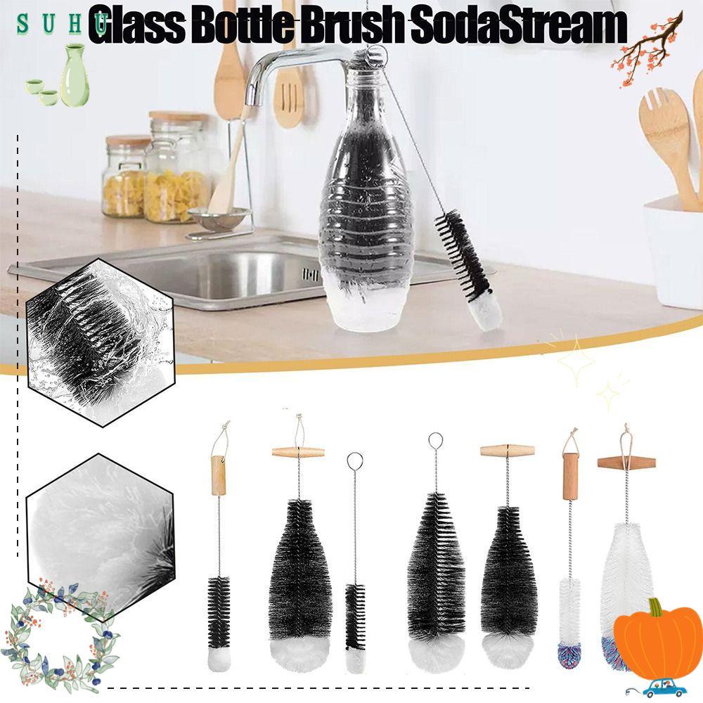 SUHU Soda Stream แปรงขวด, Beechwood Handle เครื่องดื่ม Wineglass ขวดถ้วยแก้ว Jars ทําความสะอาด, ทนทา