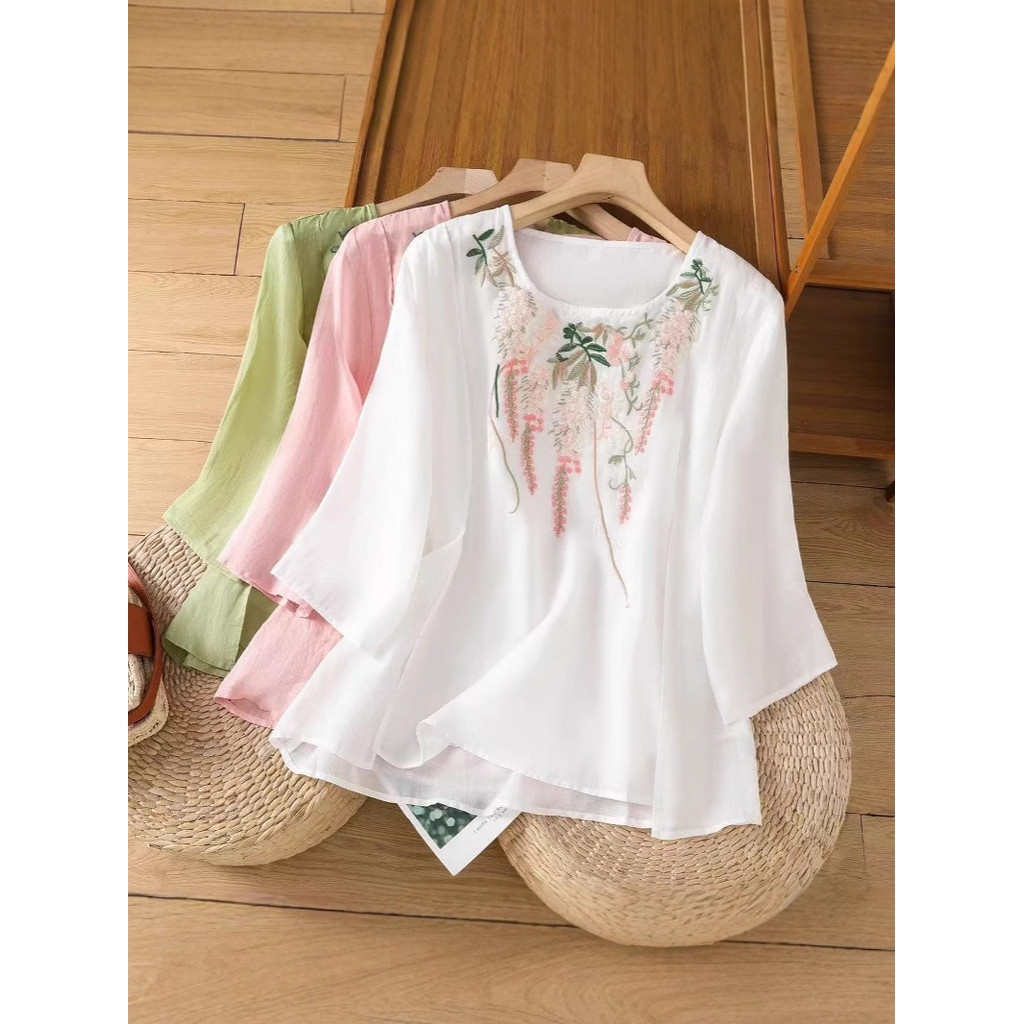 ปักผู้หญิงฤดูร้อนท็อปส์ เกาหลี สง่างามผ้าฝ้ายผ้าลินินสไตล์ใหม่อารมณ์ย้อนยุคหลวมเสื้อวรรณกรรมสไตล์ใหม