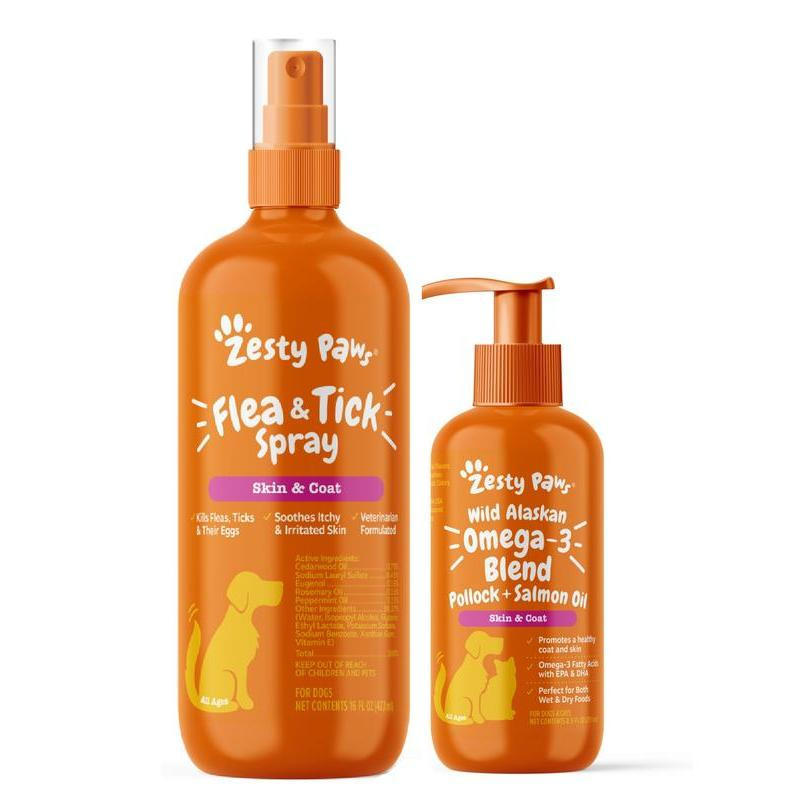 Zesty Paw Shiny Coat & Bug-Free Bundle - น้ํามันปลาแซลมอน 8.5oz และสเปรย์กําจัดเห็บหมัด 16oz