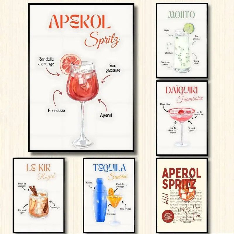 Minimalism ค็อกเทลสูตรโปสเตอร์สีน้ํา Happy Hour Tequila Sunrise Mural Studio Wall Art ภาพห้องนั่งเล่