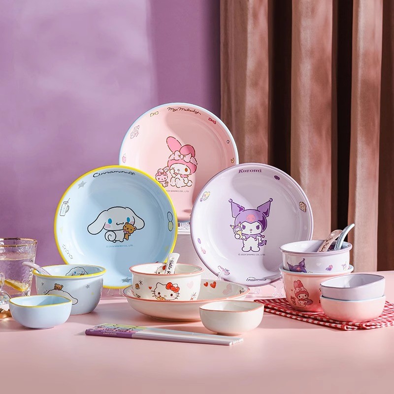 Sanrio เซรามิคบนโต๊ะอาหาร 4.7 นิ้วชามข้าว Kuromi Hello Kitty ชามก๋วยเตี๋ยวชามซุปสาวสวยในครัวเรือน Disc