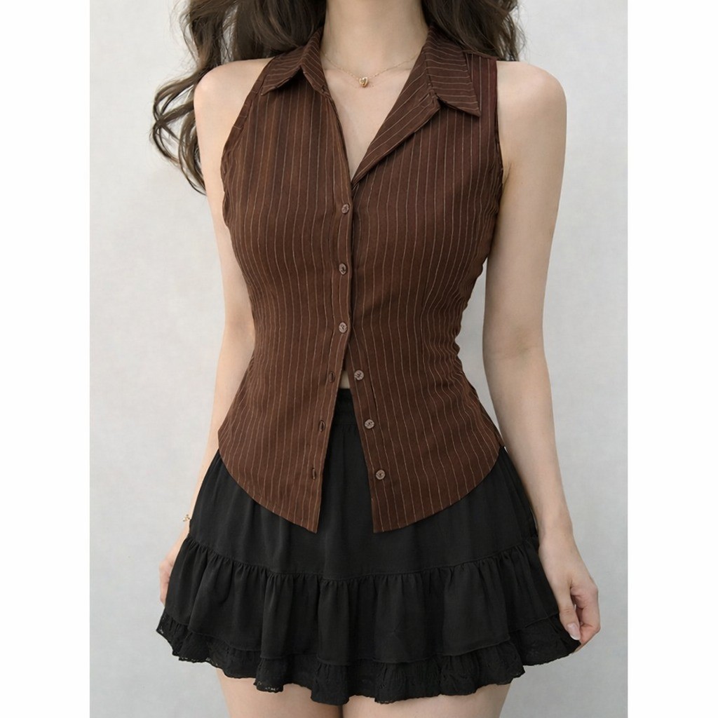 เสื้อเชิ้ตผู้หญิง SLEEVELESS STRIPE เสื้อเชิ้ตสไตล์เกาหลี