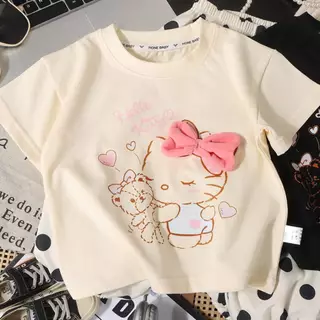 เซ็ทเสื้อ+กางเกงเด็กผู้หญิง Hello Kitty 2026 แขนสั้น โบว์น่ารัก ลายจุดแบ๊ว ผ้าฝ้ายนุ่ม 🎀