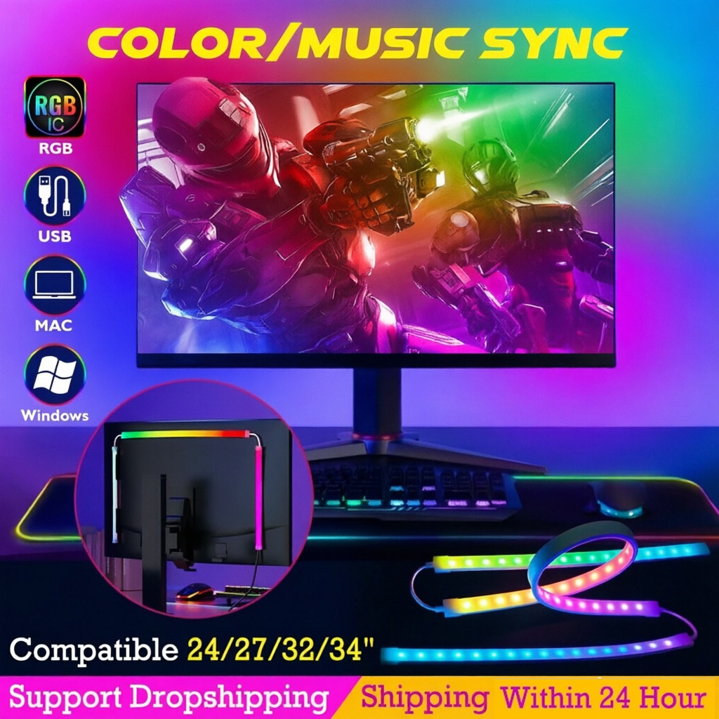 ไฟแบ็คไลท์ RGB อัจฉริยะสำหรับพีซี ไฟส่องสว่างรอบข้างสำหรับจอคอมพิวเตอร์ ไฟ LED แถบ RGB สีสันสดใส เหมาะสำหรับตกแต่งงานปาร์ตี้ เกมส์ วันหยุด และสร้างบรรยากาศ