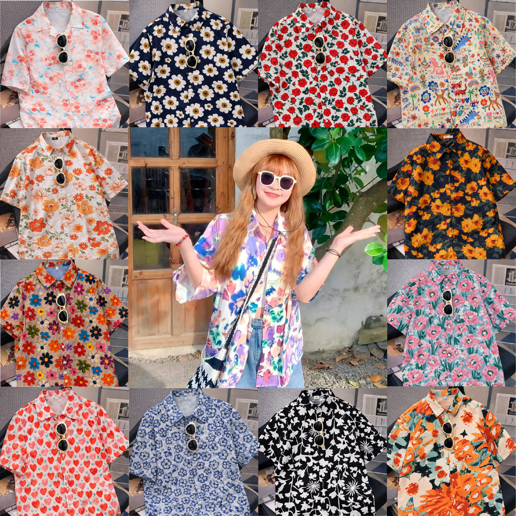 เสื้อสงกรานต์ ผู้หญิง ลายดอก คอปก แขนสั้น กระดุมหน้า ผ้าไหมอิตาลี เสื้อสีขาวดอกม่วง เสื้อฮาวาย #3002