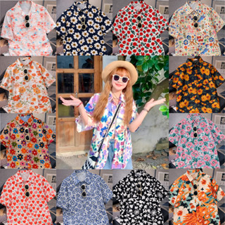 เสื้อสงกรานต์ ผู้หญิง ลายดอก คอปก แขนสั้น กระดุมหน้า ผ้าไหมอ…