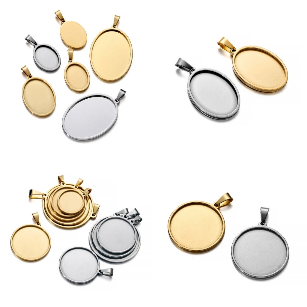 5ชิ้น ถาดรองจี้จี้โลหะสแตนเลส ทรงวงรี/วงกลม สำหรับทำจี้สร้อยคอ ต่างหู DIY อุปกรณ์เครื่องประดับคุณภาพสูง ไม่ลอก