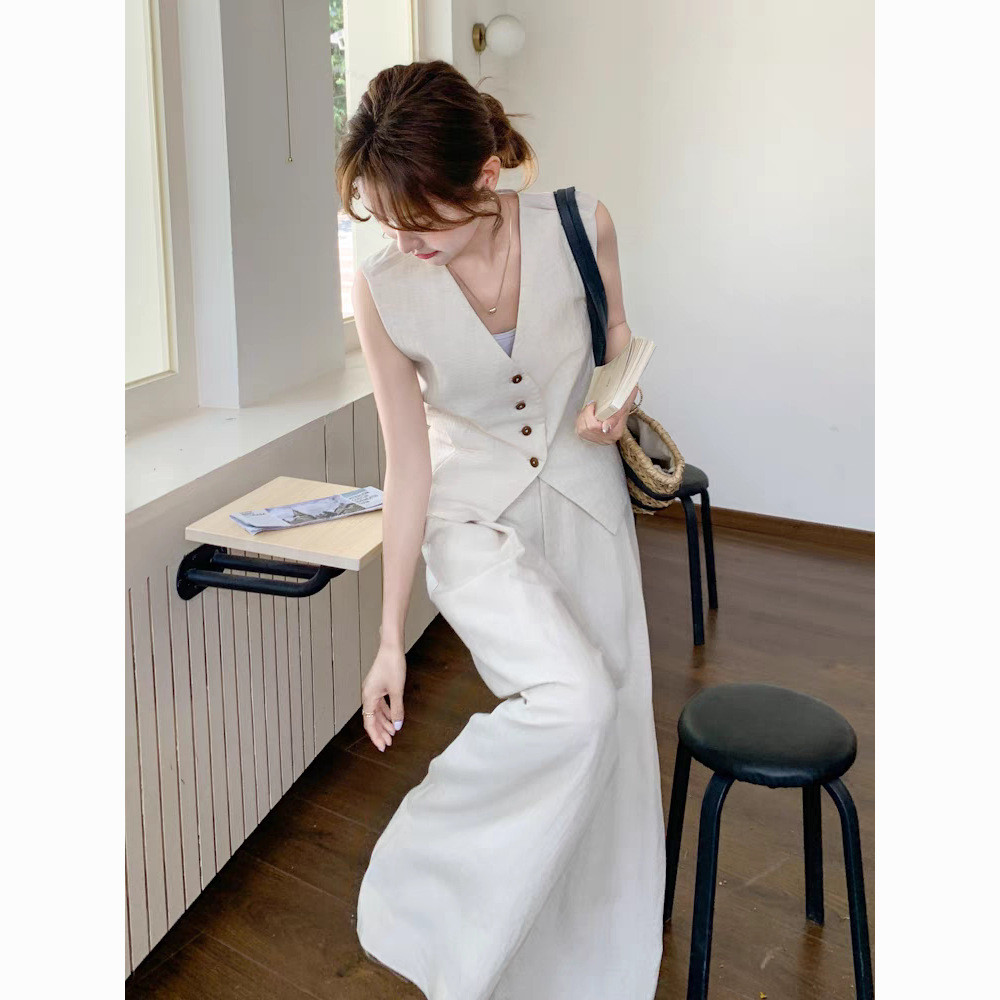 เสื้อกั๊กชุดสูทผู้หญิงสไตล์ฝรั่งเศส Classy Old Money สไตล์ผู้หญิงฤดูร้อน High-End ผ้าลินิน Tencel กา