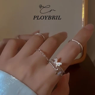 PLOYBRIL แหวนเซ็ท 4 วง รูปผีเสื้อ รูปเกลียว แบบเรียบ แหวน แหวนเงิน เครื่องประดับ สำหรับผู้หญิง สไตล์เกาหลี J027