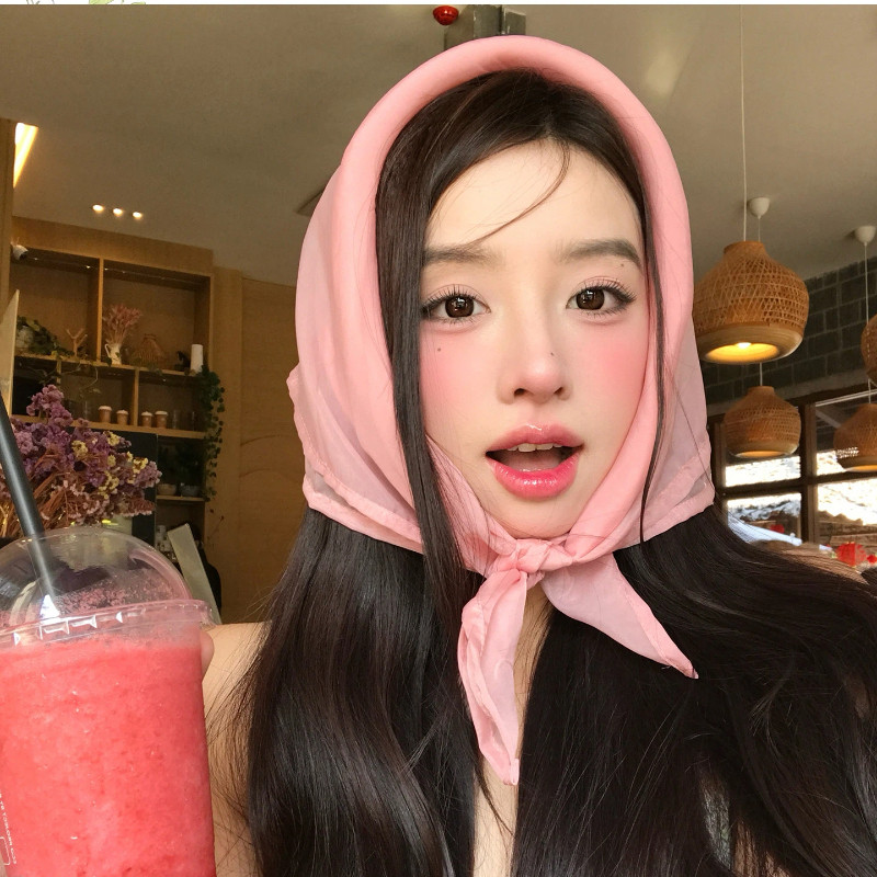 68x68 ซม.เกาหลีสีบริสุทธิ์เรียบง่ายTulle Breathable Squareผ้าพันคอผ้าไหมสีชมพูผู้หญิง